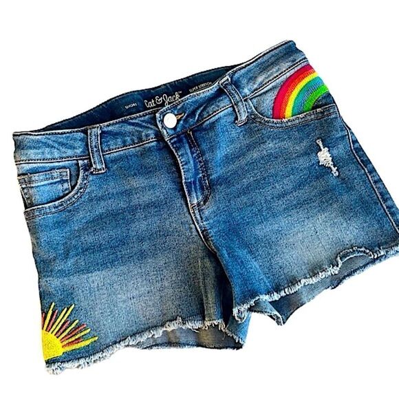 🌴Cat & Jack Sun & Rainbow Embroidered Denim Super Stretch Shorts Girls L(10-12) - Picture 2 of 12